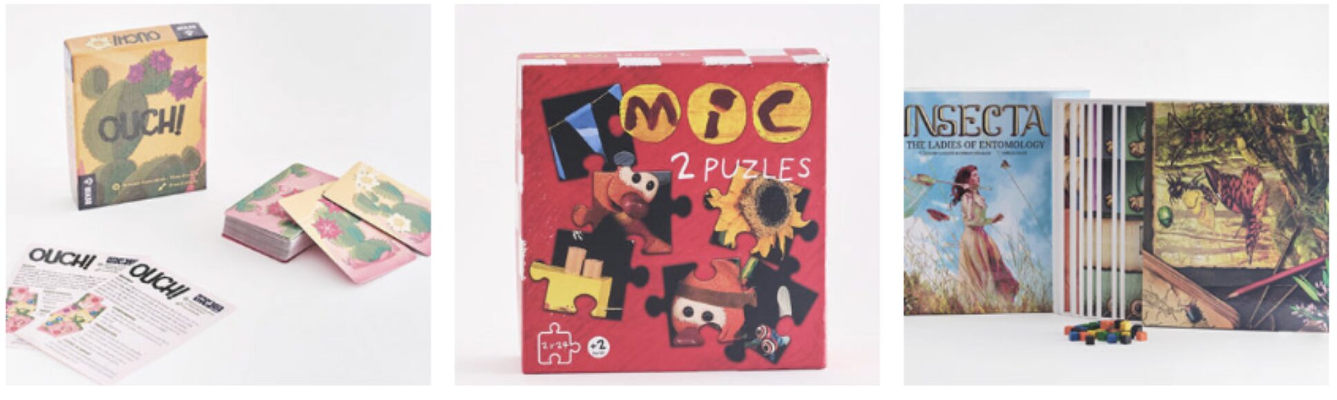 Juegos de mesa y puzzles "Ouch!" y "Insecta" como merchandising útil